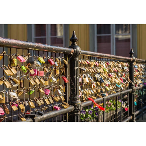 Sweden-Vastmanland-Vasteras-love locks on the Apotekarbron bridge-Old Town Black Modern Wood Framed Art Print with Double Matting by Bibikow, Walter