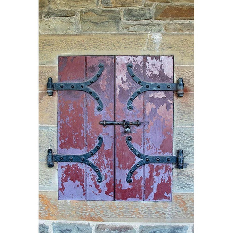 Doors with wrought iron hinges are found in an outdoor passageway at Cardiff Castle-Wales Black Modern Wood Framed Art Print by Ostrowitz, Mallorie