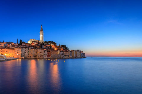 Europe-Croatia-Rovinj-Ocean view of town at sunset Black Ornate Wood Framed Art Print with Double Matting by Jaynes Gallery