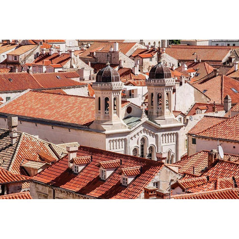 Croatia Dalmatia Dubrovnik Church among red terra cotta tile roofs in the old town of Dubrovnik White Modern Wood Framed Art Print by Wilson, Emily