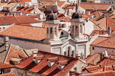 Croatia Dalmatia Dubrovnik Church among red terra cotta tile roofs in the old town of Dubrovnik Black Ornate Wood Framed Art Print with Double Matting by Wilson, Emily