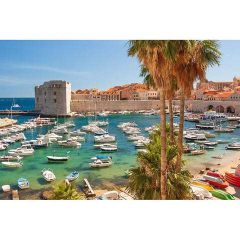 View of boats in Old Port-Dalmatian Coast-Adriatic Sea-Croatia-Eastern Europe Black Modern Wood Framed Art Print by Haseltine, Tom