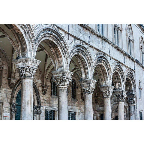 Dubrovnik-Croatia-Ornate columns at Sponza Palace Black Modern Wood Framed Art Print by Haseltine, Tom