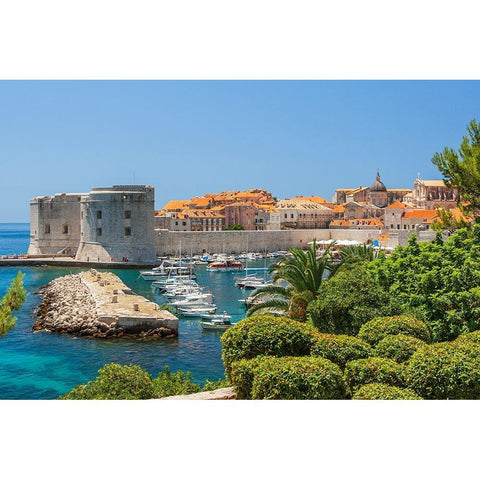 View of boats in Old Port-Dubrovnik-Dalmatian Coast-Adriatic Sea-Croatia-Eastern Europe Black Modern Wood Framed Art Print by Haseltine, Tom