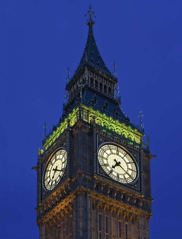 Great Britain, London Big Ben Clock Tower, dusk White Modern Wood Framed Art Print with Double Matting by Flaherty, Dennis