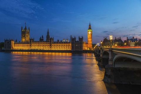 England, London Parliament and Bridge at dusk White Modern Wood Framed Art Print with Double Matting by Kirkland, Dennis