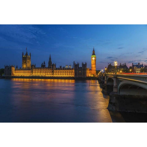 England, London Parliament and Bridge at dusk Black Modern Wood Framed Art Print by Kirkland, Dennis