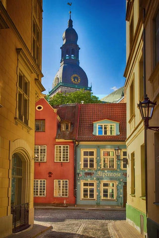 Estonia, Tallinn A street in the old town Black Ornate Wood Framed Art Print with Double Matting by Zuckerman, Jim