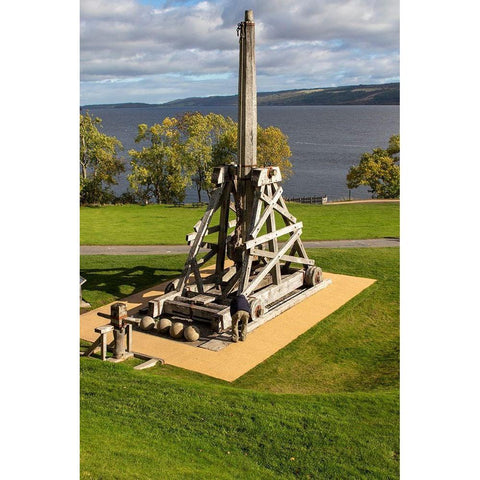 Defensive stone slingshot Urquhart Castle Loch Ness-Scotland White Modern Wood Framed Art Print by Norring, Tom