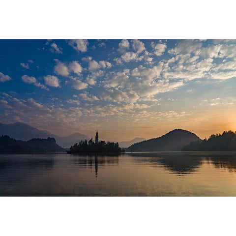 Slovenia Dawn over Lake Bled Black Modern Wood Framed Art Print by Tharp, Brenda