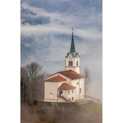 Slovenia-church on the hillside in Kobarid Black Modern Wood Framed Art Print by Looney, Hollice