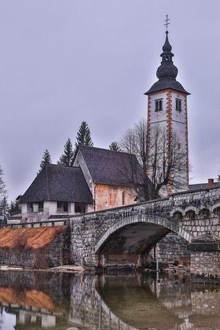 Slovenia-Upper Carniola-Ribcev Laz-Lake Bohinj-Church of St John the Baptist in early morning light White Modern Wood Framed Art Print with Double Matting by Looney, Hollice
