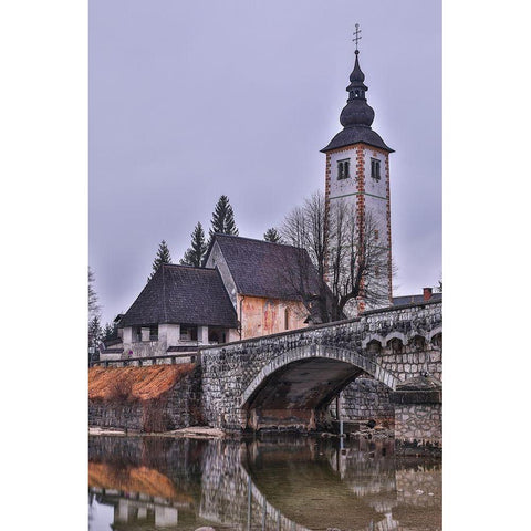 Slovenia-Upper Carniola-Ribcev Laz-Lake Bohinj-Church of St John the Baptist in early morning light Black Modern Wood Framed Art Print with Double Matting by Looney, Hollice