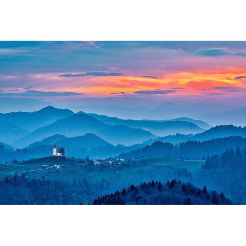 Slovenia-Poljane Sora Valley-hillside church near Gorenja Vas in early morning light Black Modern Wood Framed Art Print by Looney, Hollice