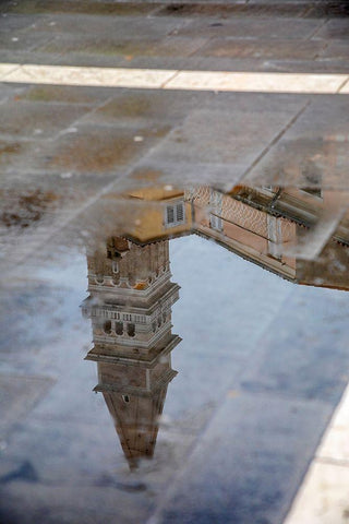 Slovenia-Piran Reflection of a tower after the rain Black Ornate Wood Framed Art Print with Double Matting by Looney, Hollice