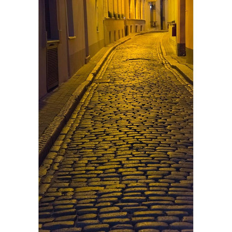 Night view of cobblestone street in the old town-Riga-Latvia White Modern Wood Framed Art Print by Su, Keren
