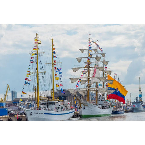 Tall sailboats in the harbor during Klaipeda Sea Festival-Klaipeda-Lithuania Black Modern Wood Framed Art Print by Su, Keren