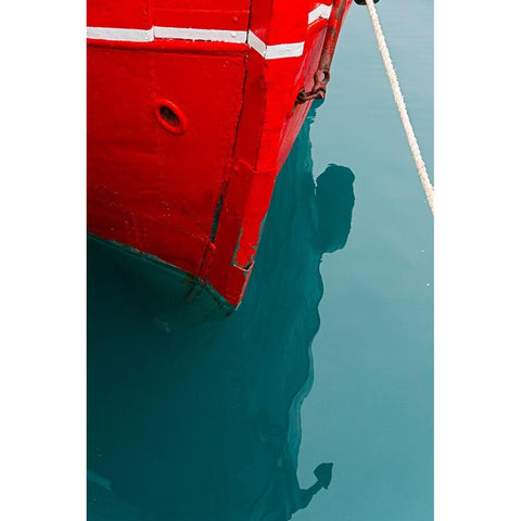 Red boat on the ocean-Narsarsuaq-Greenland Black Modern Wood Framed Art Print by Su, Keren