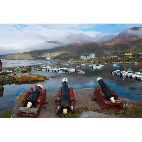 Cannon artillery overlooking the harbor-Qeqertarsuaq-Greenland White Modern Wood Framed Art Print by Su, Keren