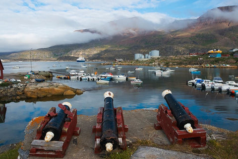 Cannon artillery overlooking the harbor-Qeqertarsuaq-Greenland White Modern Wood Framed Art Print with Double Matting by Su, Keren