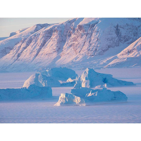 Icebergs frozen into the sea ice of the Uummannaq Fjord System during winter  Black Modern Wood Framed Art Print by Zwick, Martin