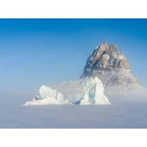 Icebergs frozen into the sea ice of the Uummannaq Fjord System during winter  Black Modern Wood Framed Art Print by Zwick, Martin