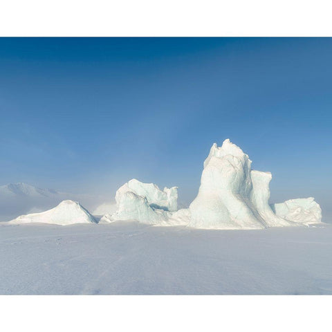 Icebergs frozen into the sea ice of the Uummannaq Fjord System during winter  Black Modern Wood Framed Art Print by Zwick, Martin