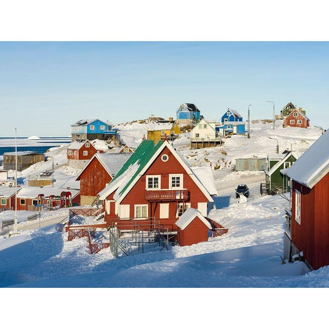 Winter in the town of Upernavik in the north of Greenland at the shore of Baffin Bay Black Modern Wood Framed Art Print by Zwick, Martin