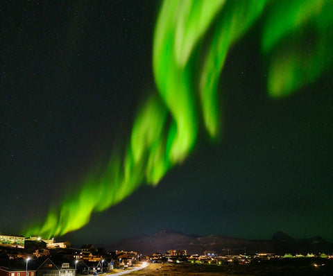 Northern lights over Nuuk. - Greenland- Danish Territory White Modern Wood Framed Art Print with Double Matting by Zwick, Martin