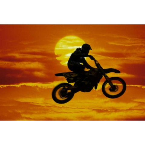 Motocross racer doing jump in front of big sun White Modern Wood Framed Art Print by Satushek, Steve