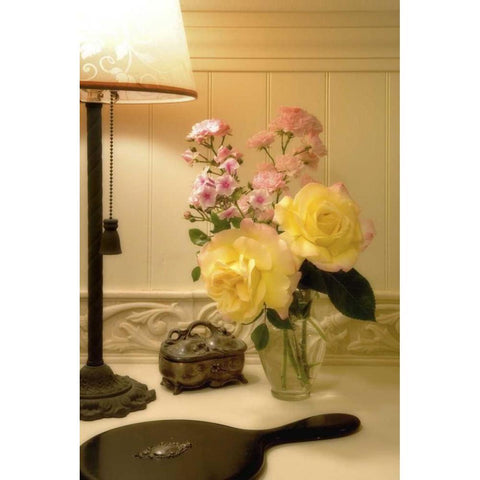 Flower arrangement next to lamp Black Modern Wood Framed Art Print by Paulson, Don