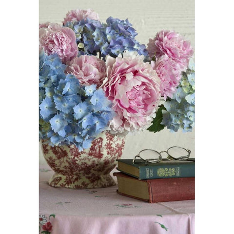 Hydrangea and peony arrangement on table Black Modern Wood Framed Art Print by Paulson, Don