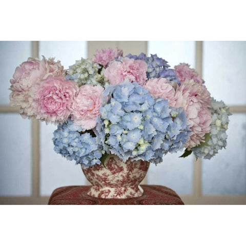 Hydrangea and peony flower arrangement on table Black Modern Wood Framed Art Print by Paulson, Don