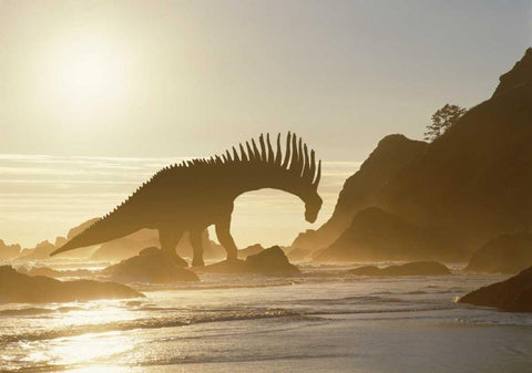 Concept of Amargasaurus dinosaur on ocean shore Black Ornate Wood Framed Art Print with Double Matting by Zuckerman, Jim