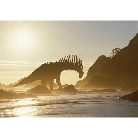 Concept of Amargasaurus dinosaur on ocean shore Gold Ornate Wood Framed Art Print with Double Matting by Zuckerman, Jim