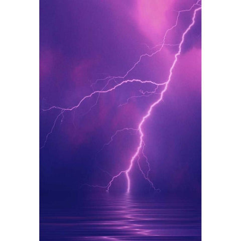 Lightning bolts over water White Modern Wood Framed Art Print by Satushek, Steve