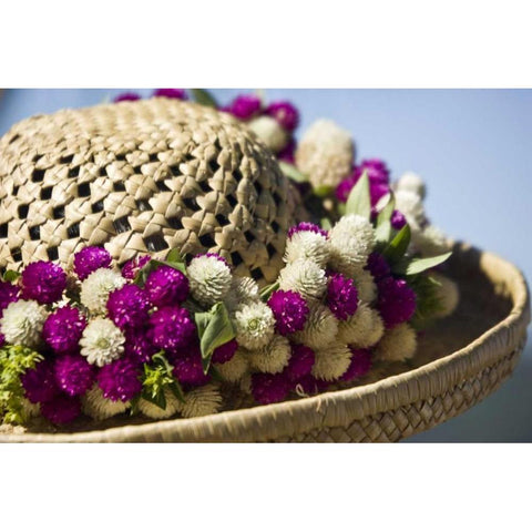 French Polynesia, Tahaa Detail of flowered hat Black Modern Wood Framed Art Print by Kaveney, Wendy