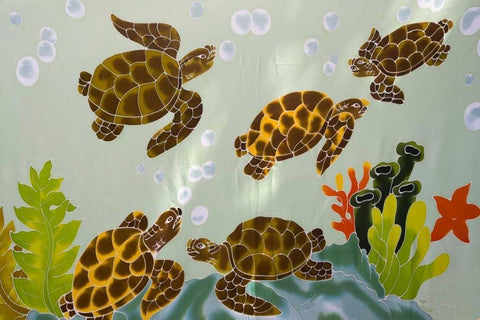 French Polynesia, Bora Bora Tutle painted fabric Black Ornate Wood Framed Art Print with Double Matting by Kaveney, Wendy