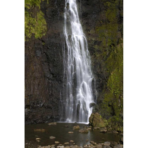French Polynesia, Tahiti Waterfall ove cliff White Modern Wood Framed Art Print by Kaveney, Wendy