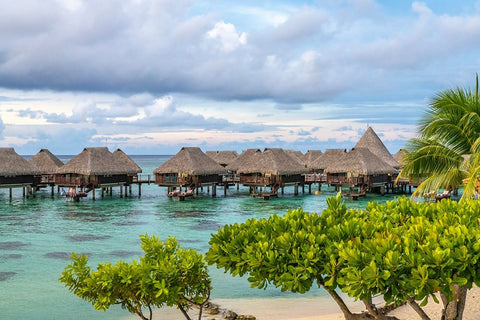 French Polynesia- Moorea. Overwater bungalows. White Modern Wood Framed Art Print with Double Matting by Jaynes Gallery