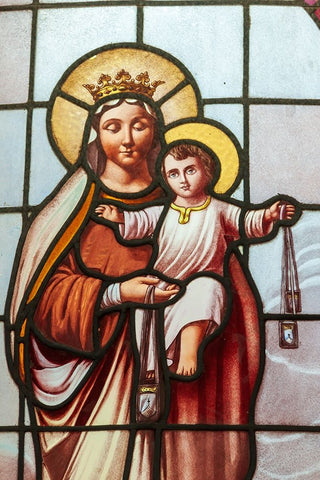 Argentina- Buenos Aires. Stained glass window depicting the Virgin Mary and Jesus. White Modern Wood Framed Art Print with Double Matting by Haseltine, Tom