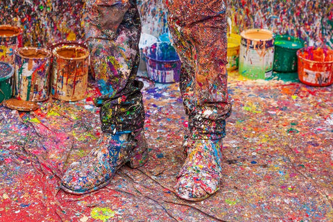 Argentina- Buenos Aires. Colorful paint spatters on artists boots. Black Ornate Wood Framed Art Print with Double Matting by Haseltine, Tom