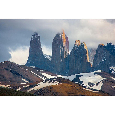 These are the source for the name of the park- the towers-or Torres of Paine White Modern Wood Framed Art Print by Ostrowitz, Mallorie