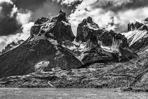 Black and white Large Pehoe Lake Lago Paine Horns three granite peaks-Torres del Paine National Par Black Ornate Wood Framed Art Print with Double Matting by Perry, William