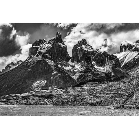 Black and white Large Pehoe Lake Lago Paine Horns three granite peaks-Torres del Paine National Par Black Modern Wood Framed Art Print by Perry, William