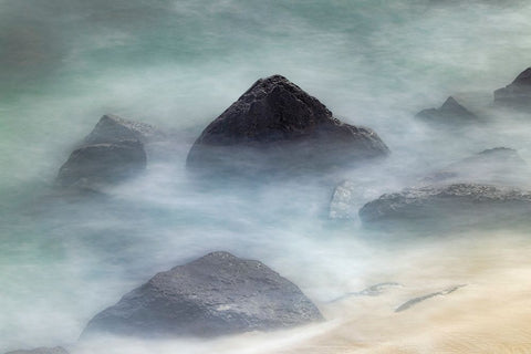Waves crashing over lava rocks on shoreline of Espanola Island-Galapagos Islands-Ecuador White Modern Wood Framed Art Print with Double Matting by Jones, Adam