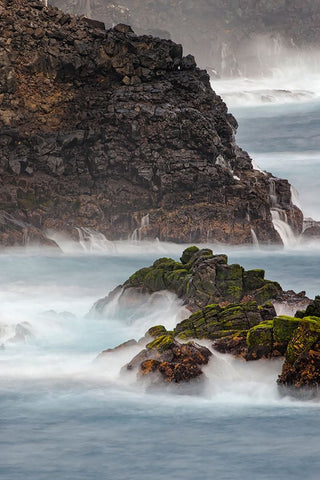 Waves crashing over lava rocks on shoreline of Espanola Island-Galapagos Islands-Ecuador White Modern Wood Framed Art Print with Double Matting by Jones, Adam