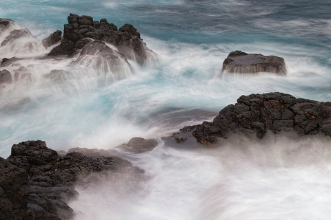 Waves crashing over lava rocks on shoreline of Espanola Island-Galapagos Islands-Ecuador White Modern Wood Framed Art Print with Double Matting by Jones, Adam