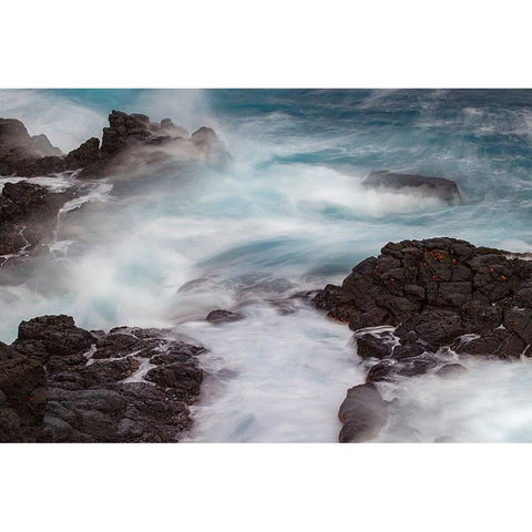 Waves crashing over lava rocks on shoreline of Espanola Island-Galapagos Islands-Ecuador White Modern Wood Framed Art Print by Jones, Adam