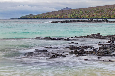 Small waves on lava rocks along shoreline of Floreana Island-Galapagos Islands-Ecuador White Modern Wood Framed Art Print with Double Matting by Jones, Adam